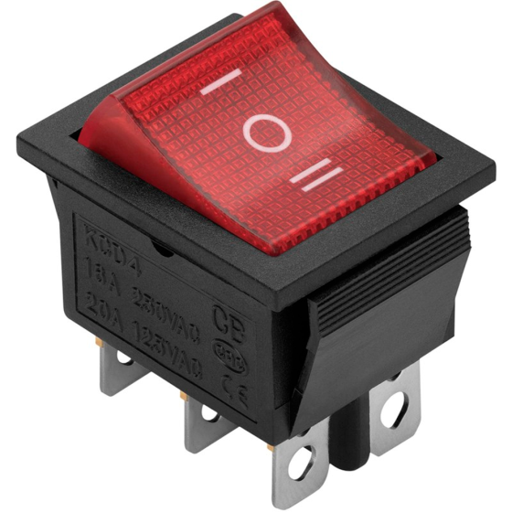 Выключатель клавишный красный с подсветкой 6 контактов, 250В, 16А, ВКЛ-ВЫКЛ-ВКЛ тип RWB-509, 26 [16656284]